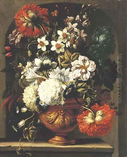 Peonies, roses, chrysanthemums, narcissi, morning glory and other flowers in an urn on a stone ledge - view 1
