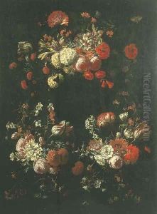Tulips, roses, narcissi, peonies in a circular garland by Gaspar Peeter The Elder Verbruggen