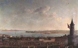 View of Constantinople with a procession of janissaries passing the Galata Tower by Jean Baptiste Vanmour
