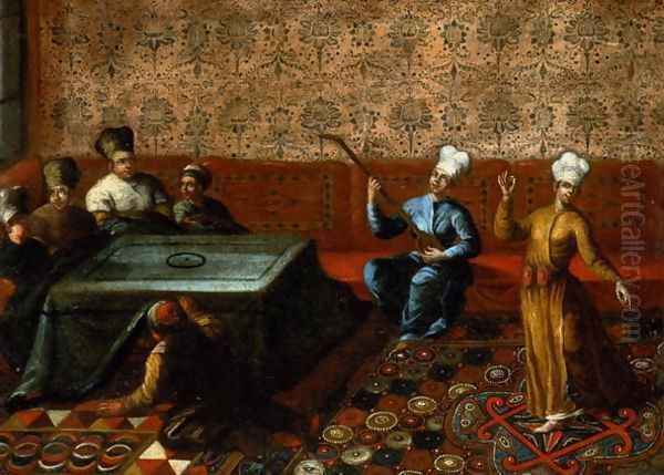Figures Gathered Round a Kursi with a Musician and a Dancer Performing before Them - view 1