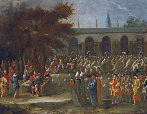 The Dutch Ambassador with his retinue being received by Sultan Ahmed III at the Topkapi Palace, Istanbul