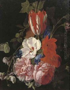 Roses, tulips, poppies and other flowers with butterflies a fragment by Nicholaes van Verendael