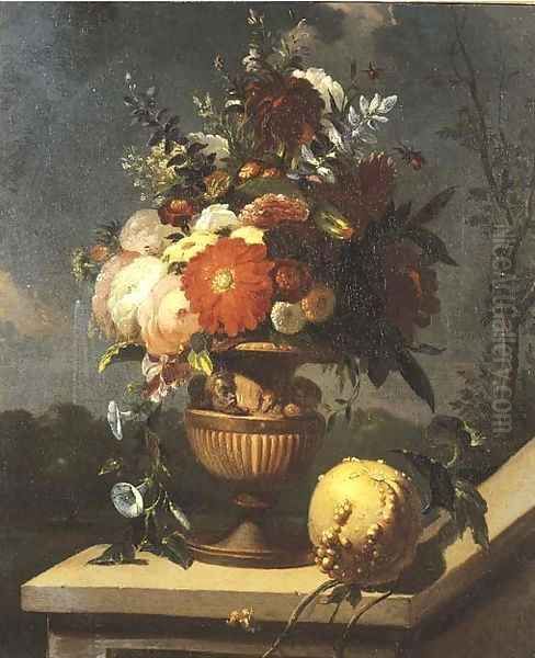 Roses and other flowers in a sculpted vase on a pedestal with an orange lying, an Italianate landscape beyond - view 1