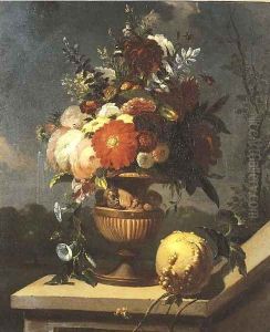 Roses and other flowers in a sculpted vase on a pedestal with an orange lying, an Italianate landscape beyond