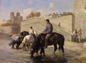 Chevaux s'Abreuvant dans la Seine Derriere Notre Dame by Jules Jacques Veyrassat