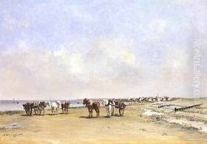 Horses on the beach by Jules Jacques Veyrassat