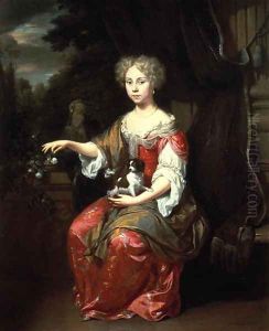 Portrait of a Lady holding her pet King Charles Spaniel by Jan Verkolje