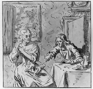 A Man and a Woman with a Dog at a Table in an elegant Interior by Jan Verkolje