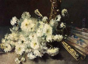 A Still Life With Chrysanthemums And A Fan by Guillaume Vogels