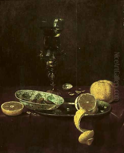 A 'kraak' porcelain bowl resting on a pewter plate with a peeled lemon, an orange and nuts near a 'roemer' on a gilt stand - view 1