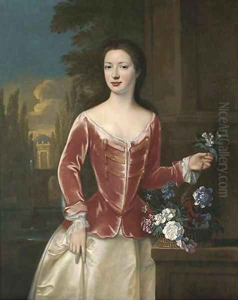 Portrait of a lady, three-quarter-length, in a pink bodice and oyster satin skirt, holding a sprig of orange blossom in her left hand - view 1