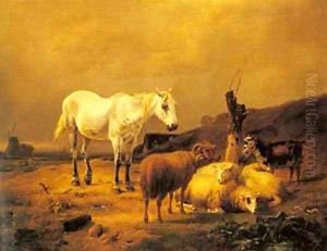 A Horse Sheep And Goat In A Landscape by Eduard Veith