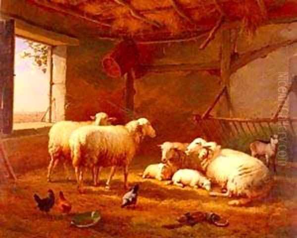 Sheep With Chickens And A Goat In a Barn - view 1