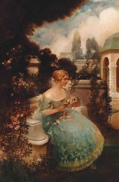 A young lady in a garden making a garland - view 1