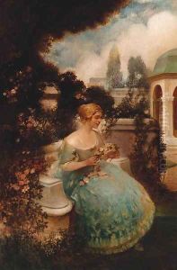 A young lady in a garden making a garland by Eduard Veith