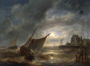 Harbour by Night by Louis Verboeckhoven