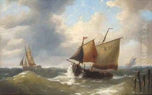 A Boulogne lugger offshore in a swell by Louis Verboeckhoven