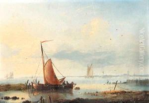 Boats in a harbor by Louis Verboeckhoven