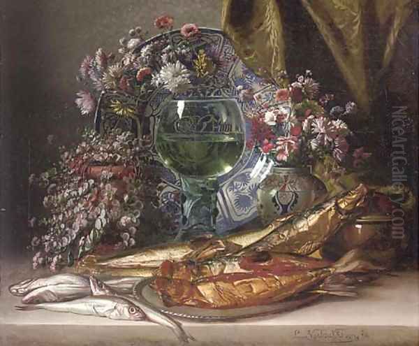 Fish on a platter, vases of summer blooms, a goblet of wine before a salver and a drape - view 1