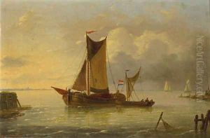 Sailing vessels in a harbour entrance by Louis Verboeckhoven