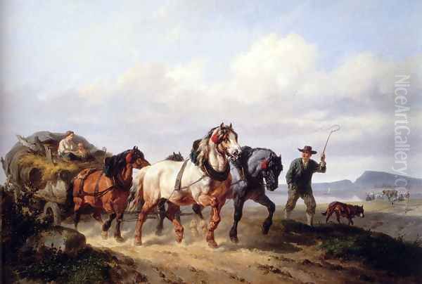 Horses Pulling A Hay Wagon In A Landscape - view 1