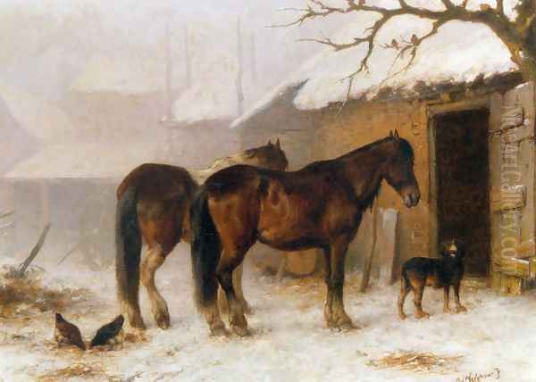 Horses in a Snow Covered Farm Yard - view 1