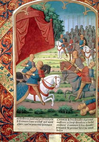 Sir Galahad helping his father, Sir Lancelot, fight twenty knights, before disappearing into the forest without saying who he was, from Lancelot du Lac, c.1490 - view 1