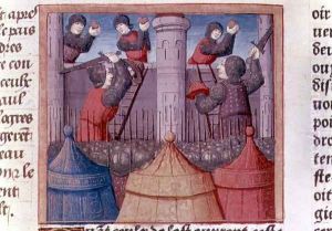 King Arthur with his army besieging and taking over a castle, from Lancelot du Lac, c.1490