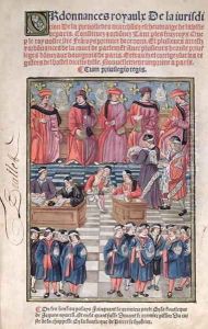 Provost of merchants and aldermen of Paris, scene of tax collection, title page from Ordonnances Royaux de la Juridiction de la Prevote des Marchands et Echevinage de la Ville de Paris, 1501, new edition 1528 Provost of merchants and aldermen of Paris, scene of tax collection, title page from Ordonnances Royaux de la Juridiction de la Prevote des Marchands et Echevinage de la Ville de Paris, 1501, new edition 1528