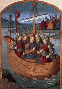 King Arthur and his Knights embarking for the Holy Land, from Lancelot du Lac, c.1490