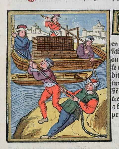Wood transport on the River Seine, from Ordonnances Royaux de la Juridiction de la Prevote des Marchands de la Ville de Paris, 1528 - view 1