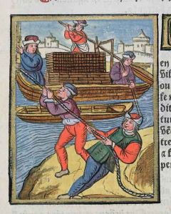 Wood transport on the River Seine, from Ordonnances Royaux de la Juridiction de la Prevote des Marchands de la Ville de Paris, 1528 Wood transport on the River Seine, from Ordonnances Royaux de la Juridiction de la Prevote des Marchands de la Ville de Paris, 1528