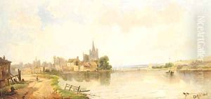 Figures On A Lakeside Path, A Town Beyond