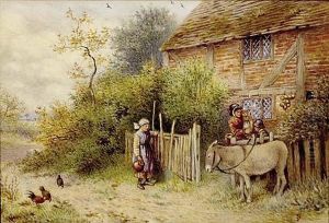 Farmyard Scene Women Child And Donkey by Myles Birket Foster