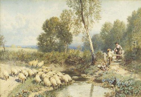 R.w.s. Summer Landscape With
Children Beside A Wooden Stile, A Dog And Sheep Watering Beside A
Stream, An Extensive Landscape Beyond Signed With The Artist's Monogram,
Also Inscribed With The Artist's Name On The Original Frame, Together
With Biog - view 1