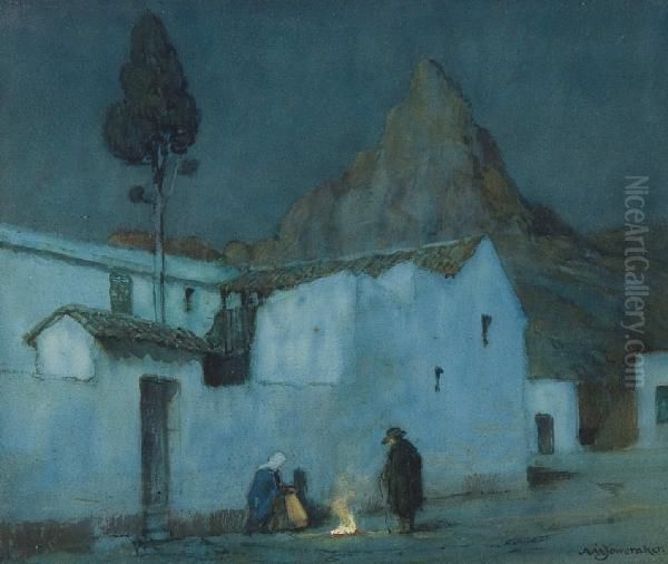 Moonlit Street Scene With Figures Beside A Fire - view 1