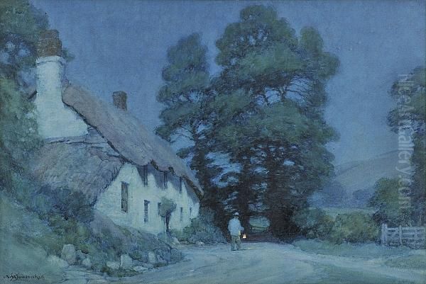 Figure With A Lamp By A Moonlit Cottage, Signed, Watercolour - view 1