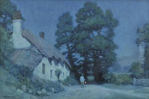 Figure With A Lamp By A Moonlit Cottage, Signed, Watercolour