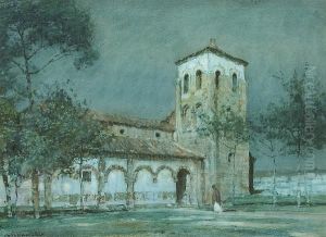 A Continental Square And Church By Moonlight by Albert Moulton Foweraker