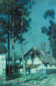 Thatched Cottages By Moonlight by Albert Moulton Foweraker