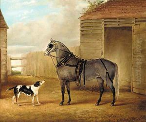 A saddled grey horse and a dog by a barn by John Vine