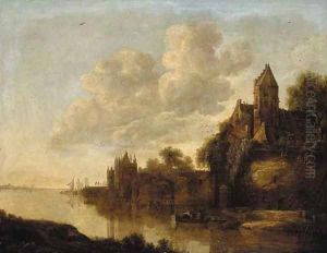 A castle by a river with fishermen in a rowing boat, at sunset