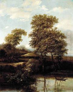 A river landscape with fishermen on a boat, a town and castles beyond by Adriaen Hendricksz Verboom