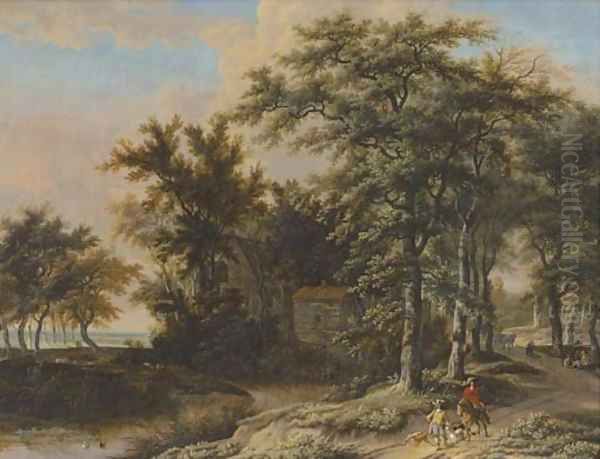 A wooded landscape with hunters on a path - view 1