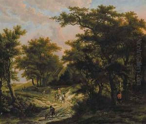 A wooded landscape with hunters by a cottage by Adriaen Hendricksz Verboom