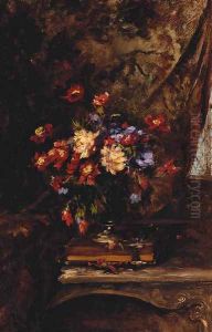 A Vase Of Mixed Flowers On A Book In An Interior by Alexandre Rene Veron