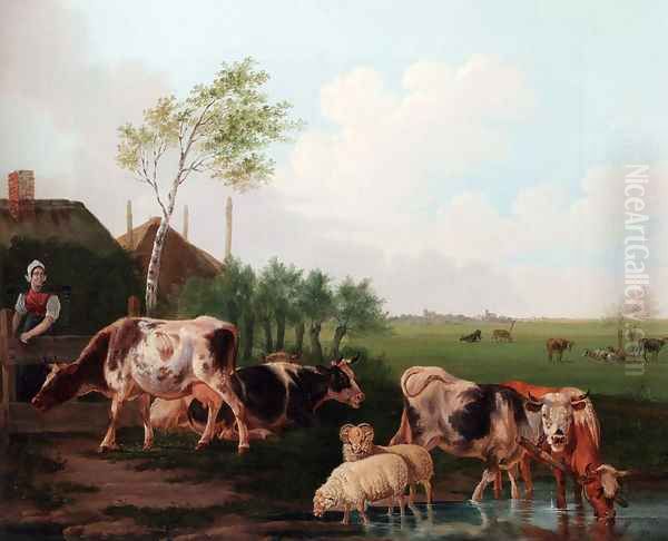 A Summer Landscape With Cows And Sheep By A Pool And A Milkmaid Watching - view 1