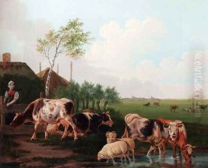 A Summer Landscape With Cows And Sheep By A Pool And A Milkmaid Watching by Albertus Verhoesen