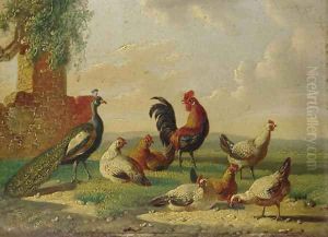 Poultry by a ruined wall in a landscape