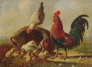A chicken family by a wicker basket by Albertus Verhoesen